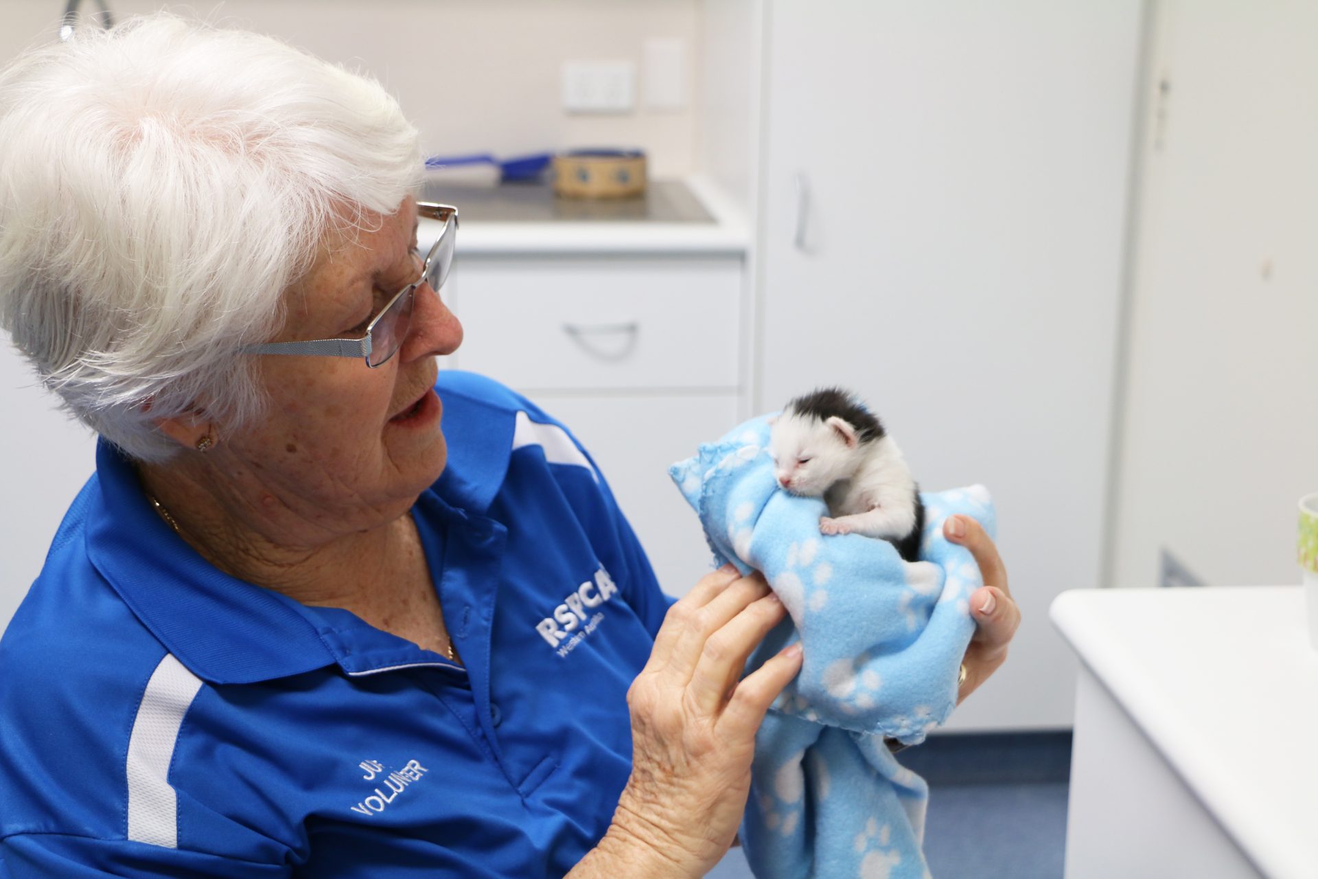 RSPCA WA volunteer holding baby kitten in blanket