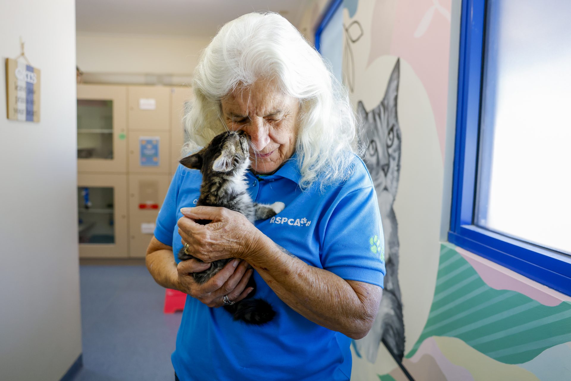 Cat snuggling volunteer