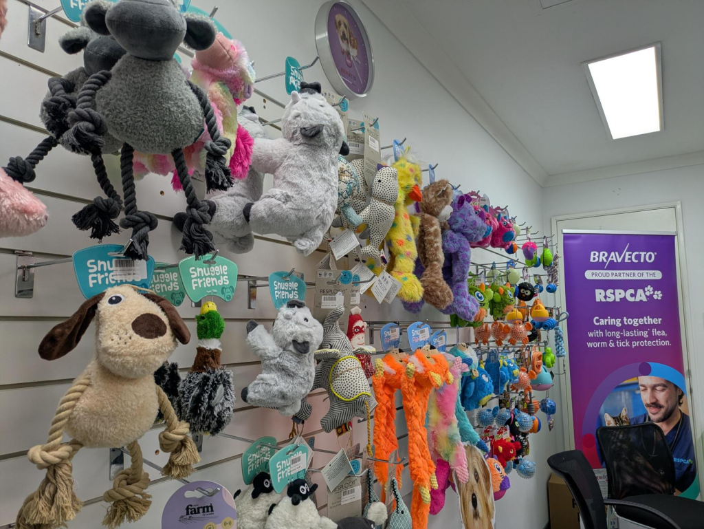 Wall of pet toys at the RSPCA WA Retail Store in Malaga